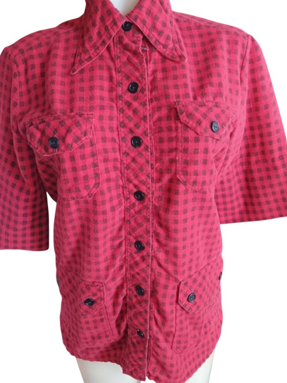 True Vintage Women's Small Shirt Boho 1970's Flannel Red Black Checkered Hippy